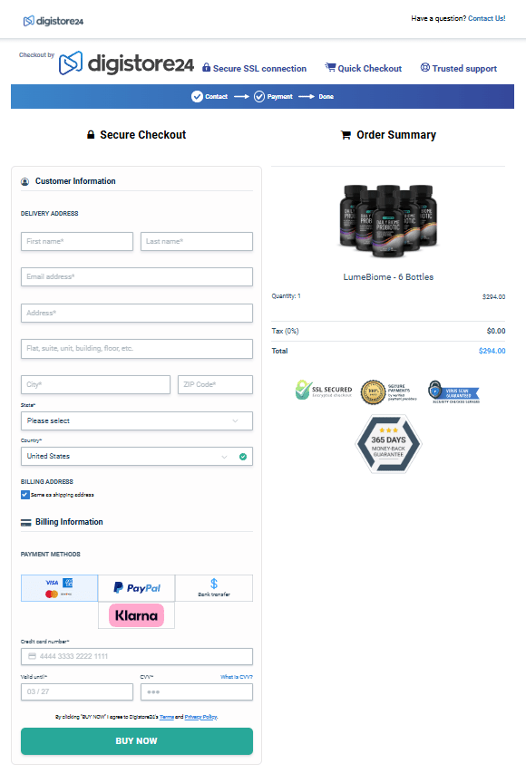 LumeBiome secure checkout page